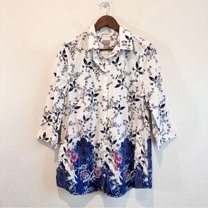 Chico’s No-Iron Jacobean Floral Tunic Cotton Blend Button Shirt Blue Pink Top L